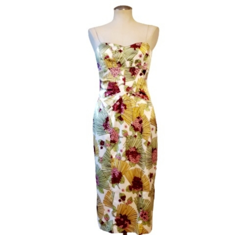 David Meister stretch silk floral midi cocktail dress, size 8 - EUC